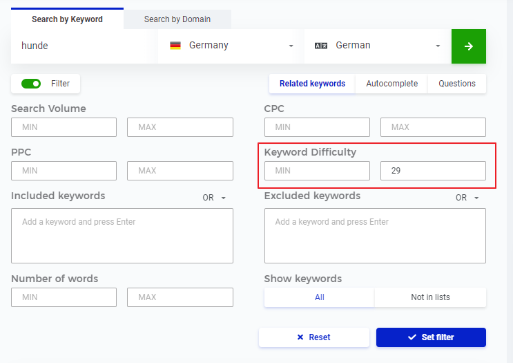 KWFinder Filter Keyword Difficulty