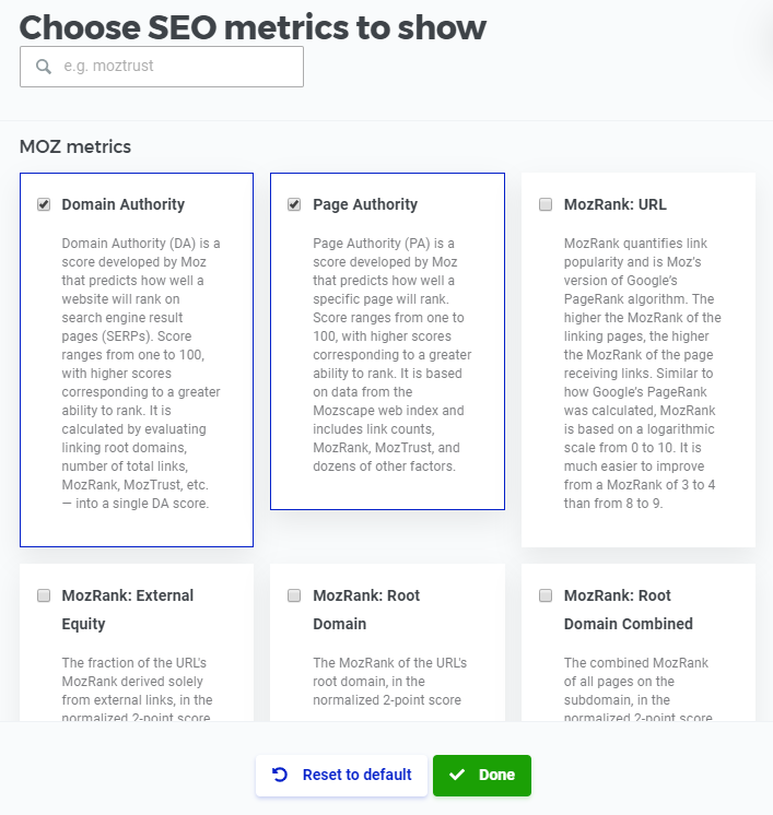 SERPChecker Choose SEO Metrics