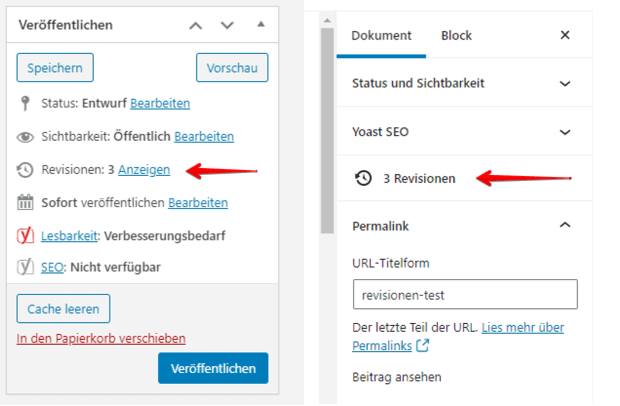 WordPress Revisionen im Classic und Gutenberg Block-Editor