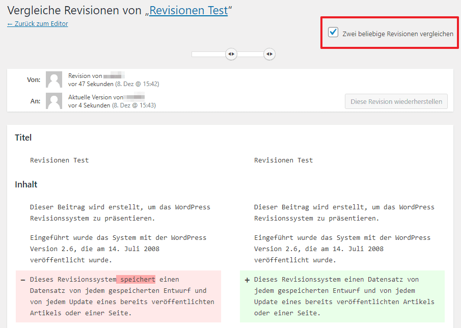 WordPress Revisionen vergleichen