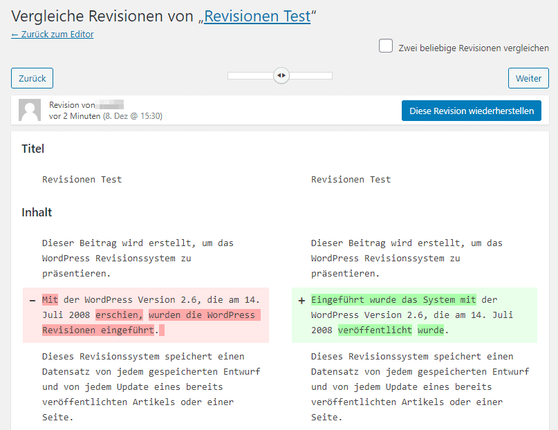 WordPress Revisionen Ansicht