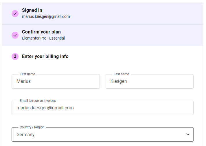 Zahlungsinformationen zum Elementor Account eingeben.