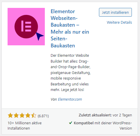 Elementor WordPress-Plugin installieren.