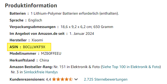 Produktinformation bei Amazon mit ASIN Nummer