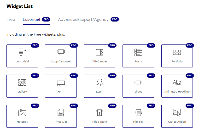 Elementor Widget Liste